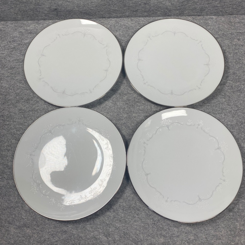 Noritake WHITEBROOK 6441 Dinner Plates Set of 4 White Floral Platinum 10.5in